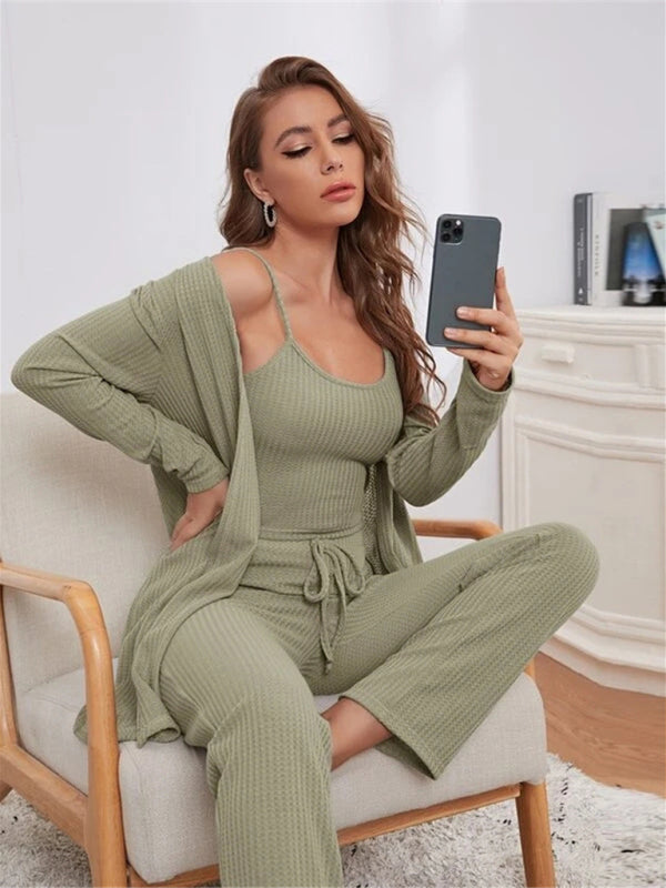 Loungewear Women’s Waffle Knit Long Three-Piece Suit - Green / S