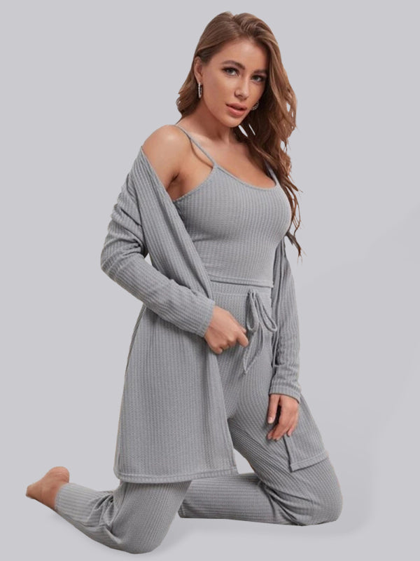 Loungewear Women’s Waffle Knit Long Three-Piece Suit - Grey / S