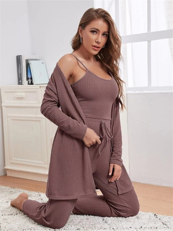Loungewear Women’s Waffle Knit Long Three-Piece Suit - Lavender / S