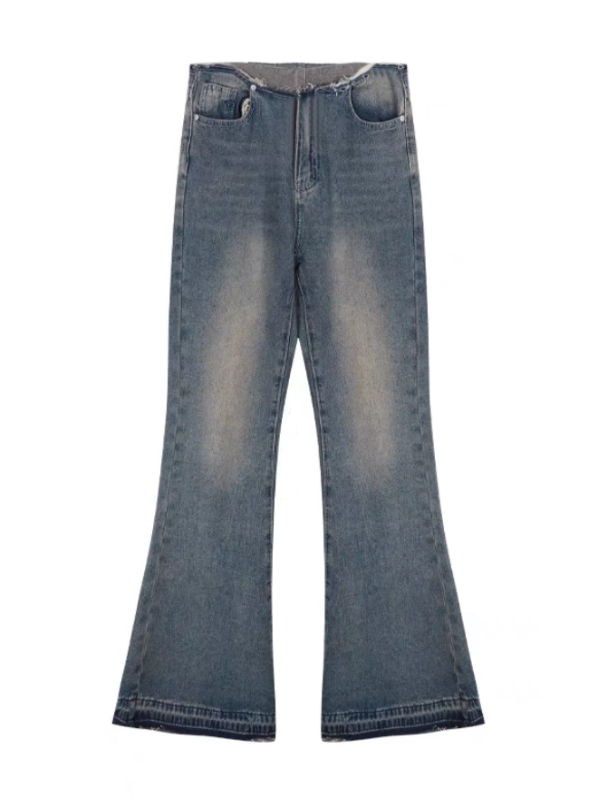 LOW-RISE DISTRESSED FLARED JEANS COTTON BLEND WIDE LEG