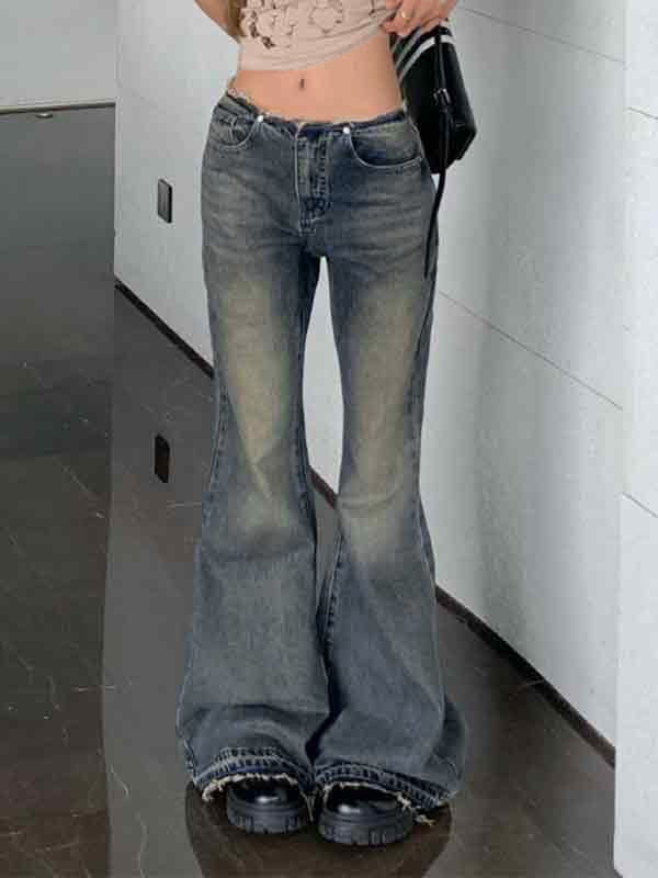 LOW-RISE DISTRESSED FLARED JEANS COTTON BLEND WIDE LEG