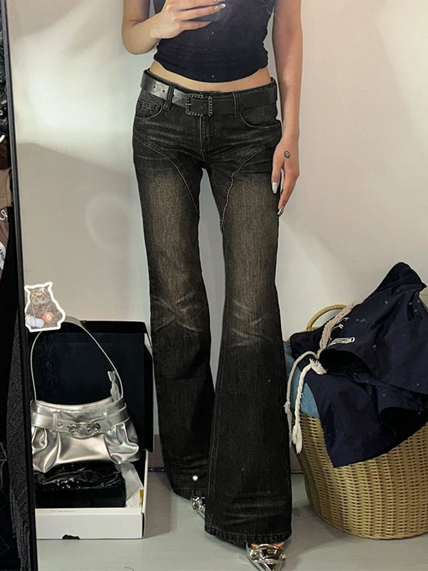 LOW-RISE FLARED JEANS WITH BELT - LOW WAIST SLIM FIT COTTON BLEND