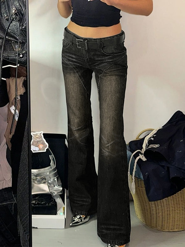 LOW-RISE FLARED JEANS WITH BELT - LOW WAIST SLIM FIT COTTON BLEND