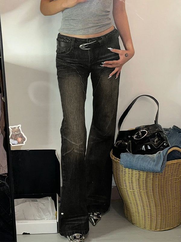 LOW-RISE FLARED JEANS WITH BELT - LOW WAIST SLIM FIT COTTON BLEND