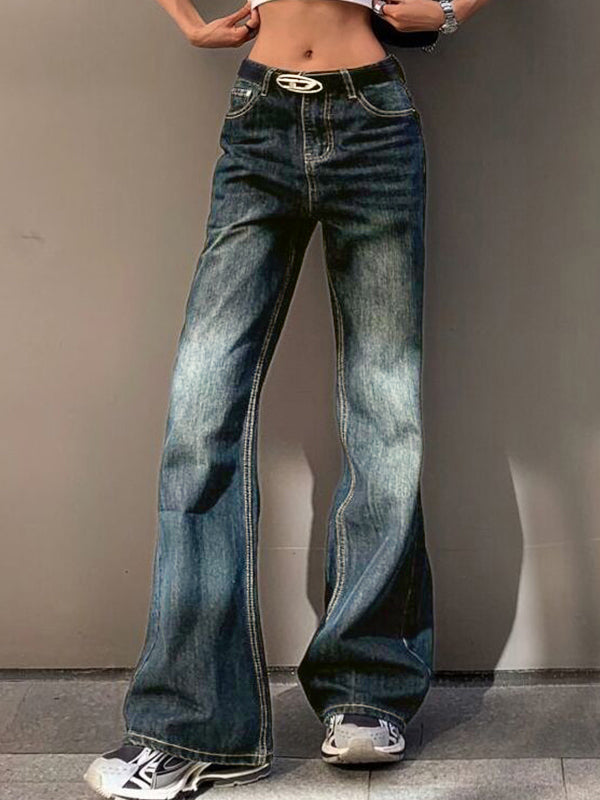 LOW-RISE WIDE-LEG DENIM JEANS RIPPED BOYFRIEND FLARED