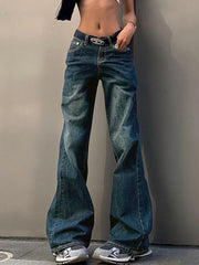 LOW-RISE WIDE-LEG DENIM JEANS RIPPED BOYFRIEND FLARED