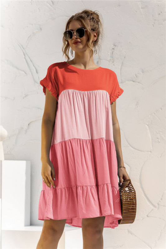 Robe-chemise bébé ample à manches courtes et blocs de couleur pour femme 