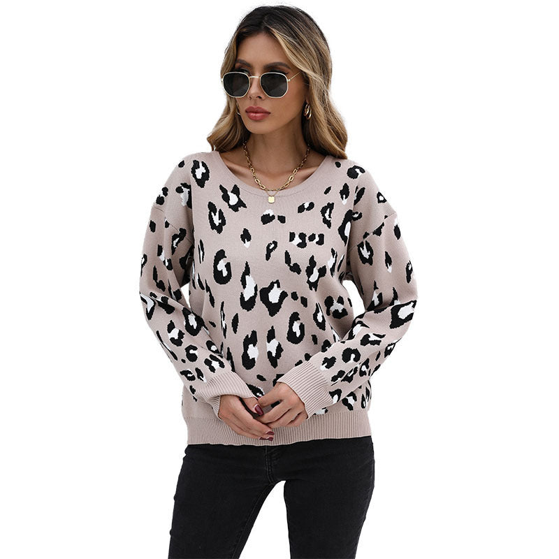 women's new loose leopard print long sleeve sweater - Closther