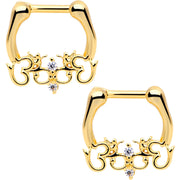1/4 Clear CZ Gem Gold Tone Anodized Angel Swirl Nipple Clicker Set