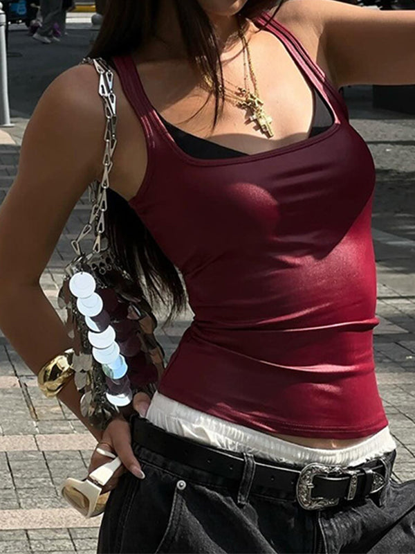 MAROON TANK TOP WITH JEWELRY CASUAL SLIM FIT ROUND NECK DESIGN