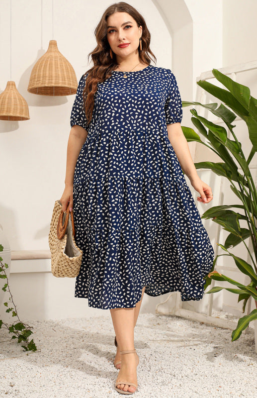 Maternity Print Short Sleeve Flowy Dress - Purplish blue navy / XL