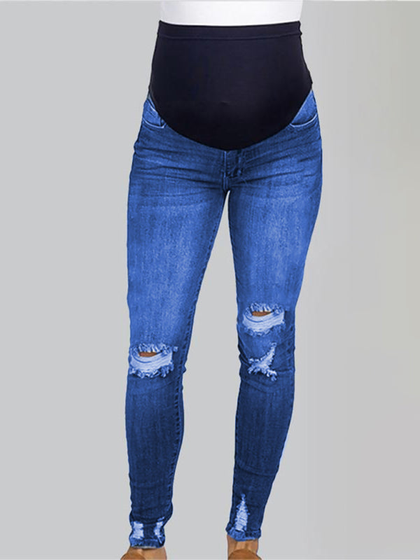 Maternity solid color belly support casual jeans - Blue / S