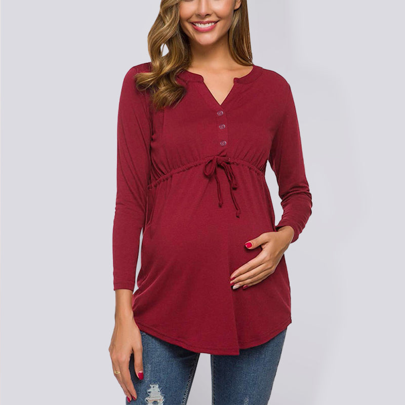 Maternity solid color drawstring button half cardigan long-sleeve T-shirt - Red / S
