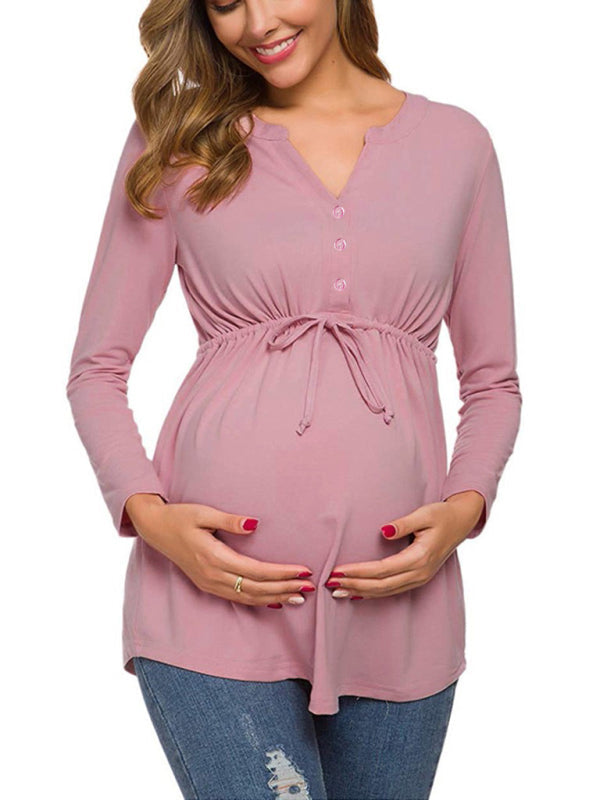 Maternity solid color drawstring button half cardigan long-sleeve T-shirt - Pink / S
