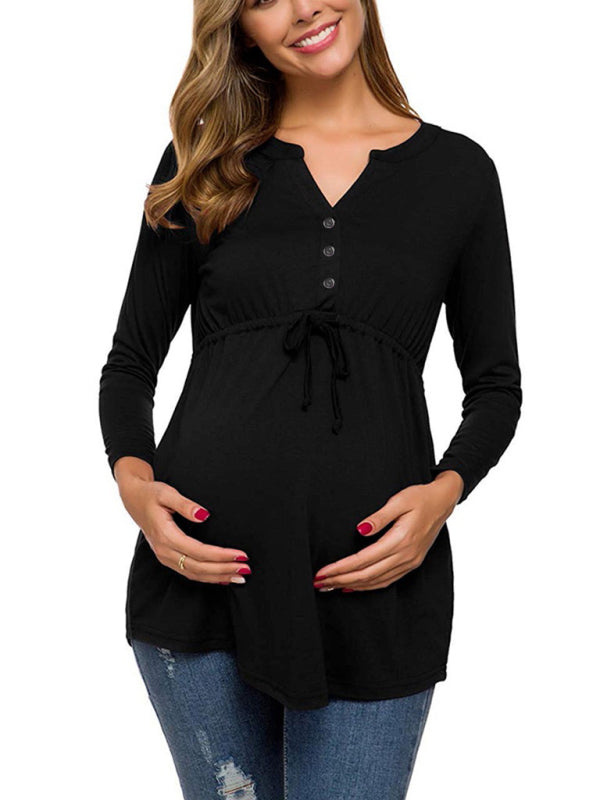 Maternity solid color drawstring button half cardigan long-sleeve T-shirt - Black / S
