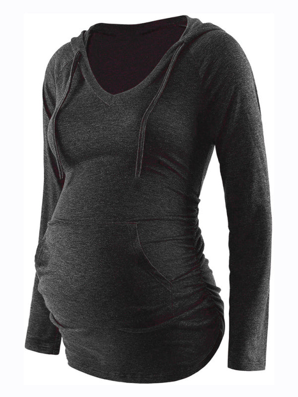 Maternity solid color hooded pocket long-sleeved T-shirt - Black / S