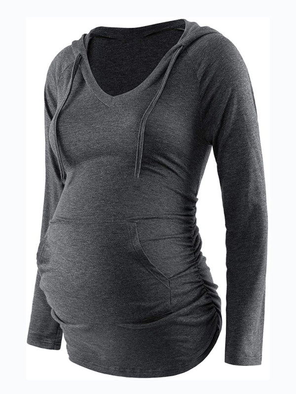 Maternity solid color hooded pocket long-sleeved T-shirt - Charcoal grey / S