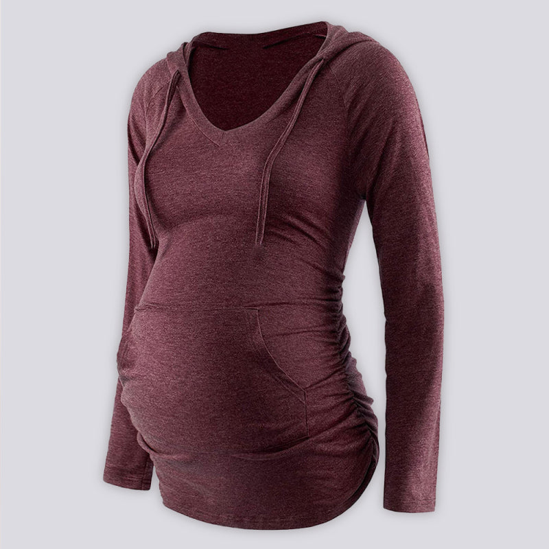 Maternity solid color hooded pocket long-sleeved T-shirt - Red / S