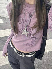 MAUVE LONG SLEEVE SHIRT WITH STAR NECKLACE FOR GRUNGE GRAPHIC STYLE