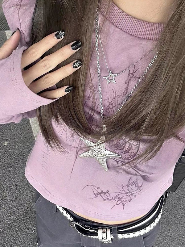MAUVE LONG SLEEVE SHIRT WITH STAR NECKLACE FOR GRUNGE GRAPHIC STYLE