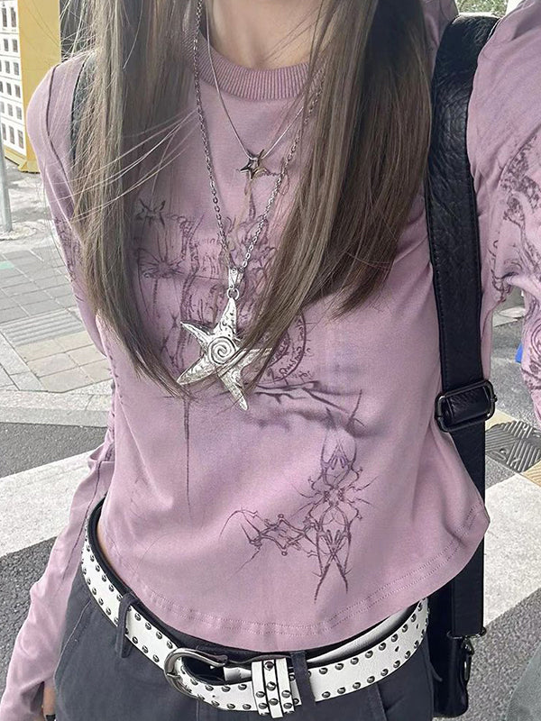 MAUVE LONG SLEEVE SHIRT WITH STAR NECKLACE FOR GRUNGE GRAPHIC STYLE