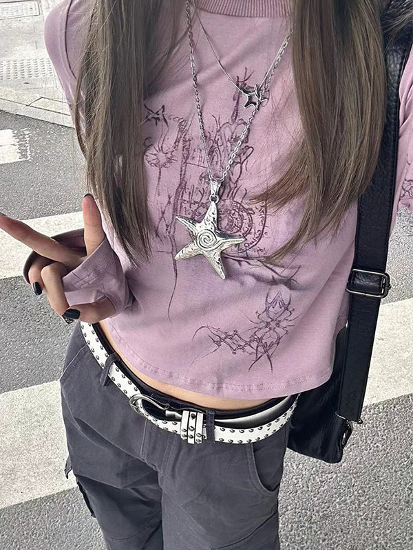 MAUVE LONG SLEEVE SHIRT WITH STAR NECKLACE FOR GRUNGE GRAPHIC STYLE