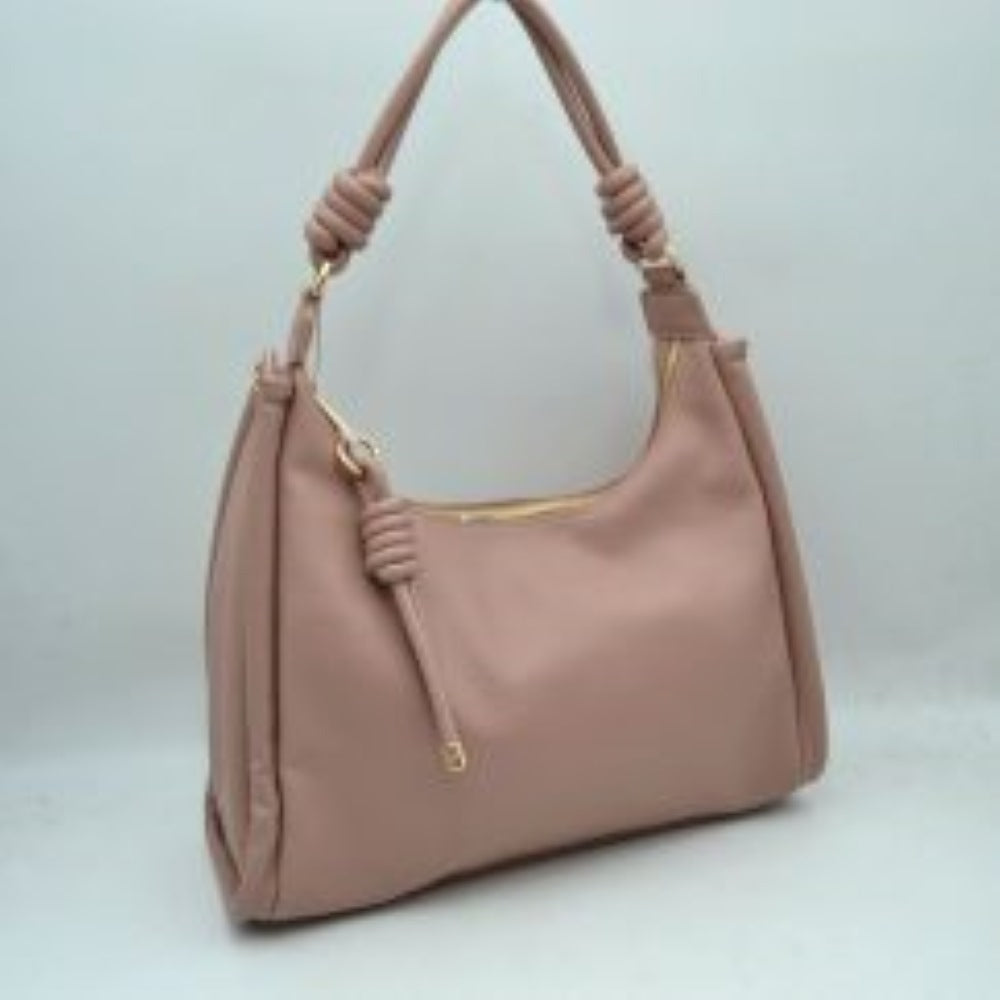 Slouchy Hobo Shoulder Bag with Knotted Strap Details and Gold-Tone Zipper Hardware
