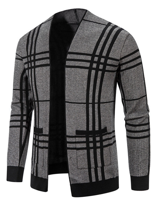 Men Casual Plaid Open Front Cardigan - Grey / M