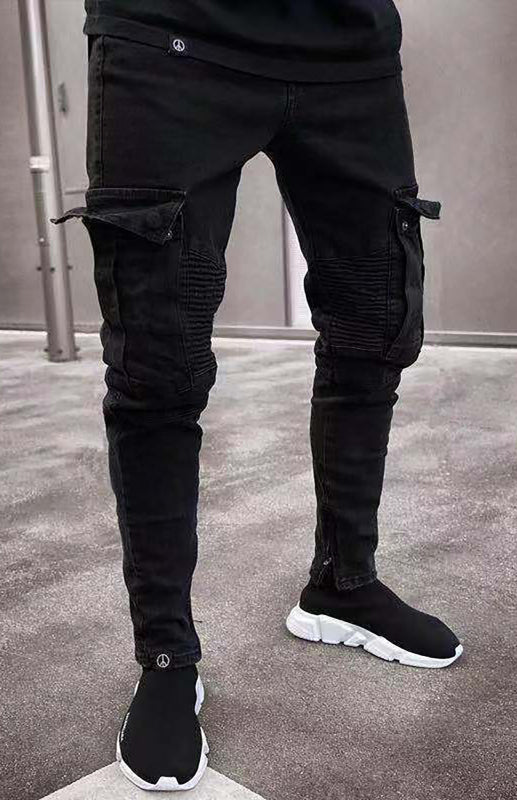 Men Street Style Knit Cargo Jeans - Black / S