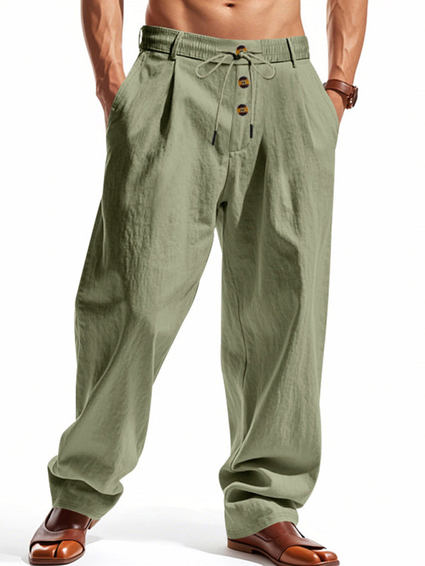 Men’s Army Green Breathable Linen Loose Casual Pants - Olive green / S