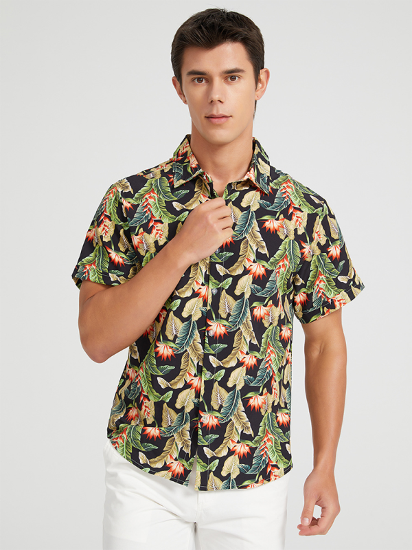 Men’s Beach Shirt Hawaiian Vacation Print Short Sleeve Shirt - Black / S