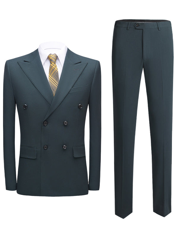 Men’s Business Double-Breasted Woven Blazer Set - Green black jasper / M