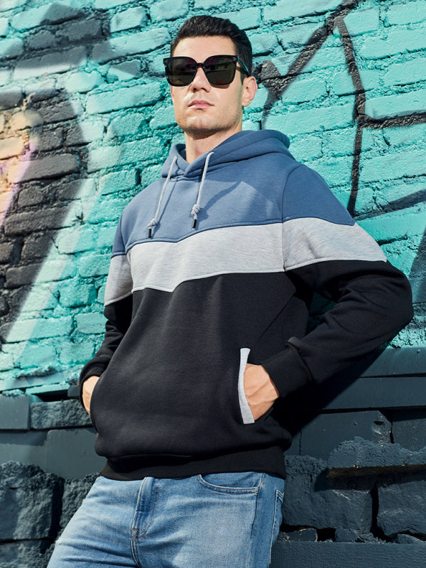 Men’s casual color block and contrast fashion hooded sweatshirt - Blue / S