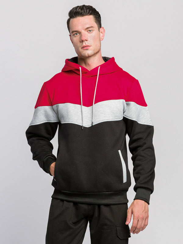 Men’s casual color block and contrast fashion hooded sweatshirt - Red / S