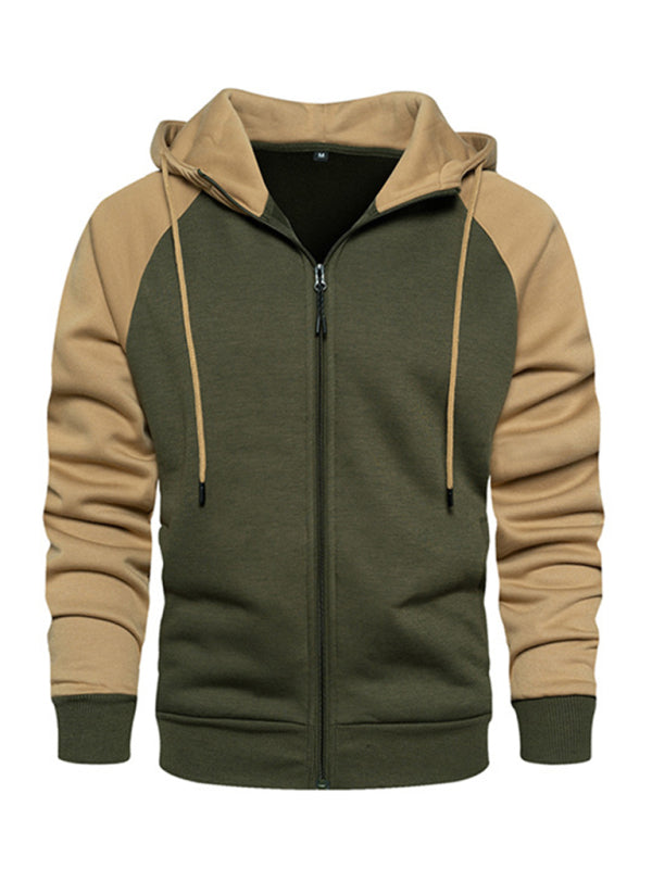 Men’s casual contrasting color zipper cardigan hooded sweatshirt