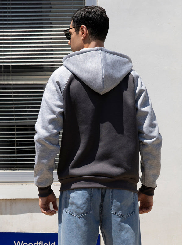 Men’s casual contrasting color zipper cardigan hooded sweatshirt