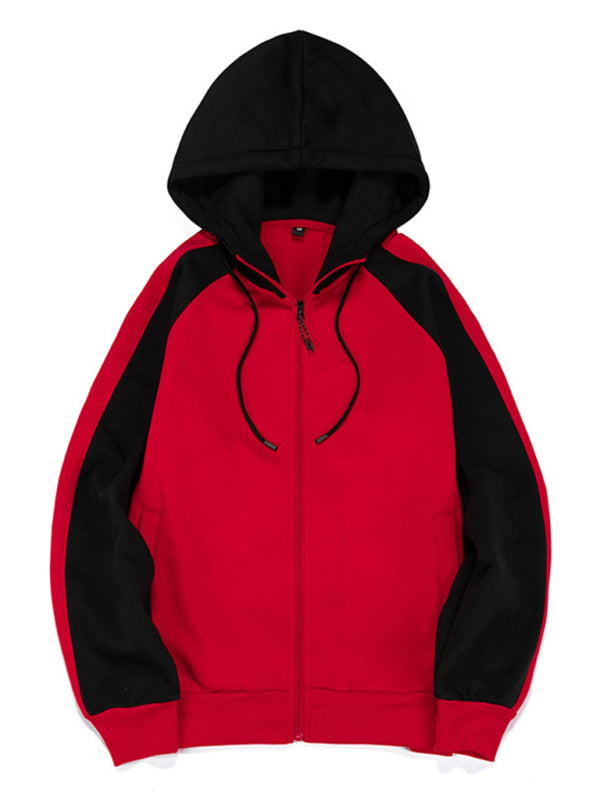 Men’s casual contrasting color zipper cardigan hooded sweatshirt