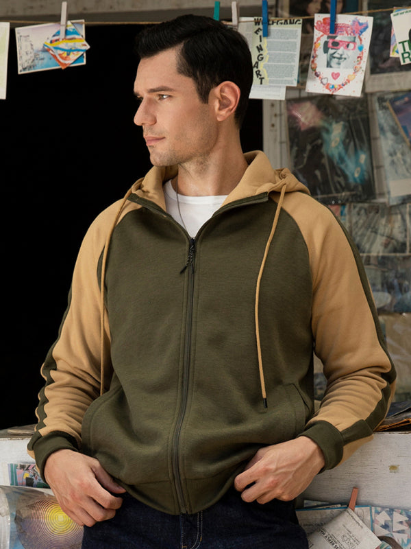 Men’s casual contrasting color zipper cardigan hooded sweatshirt - Khaki / S