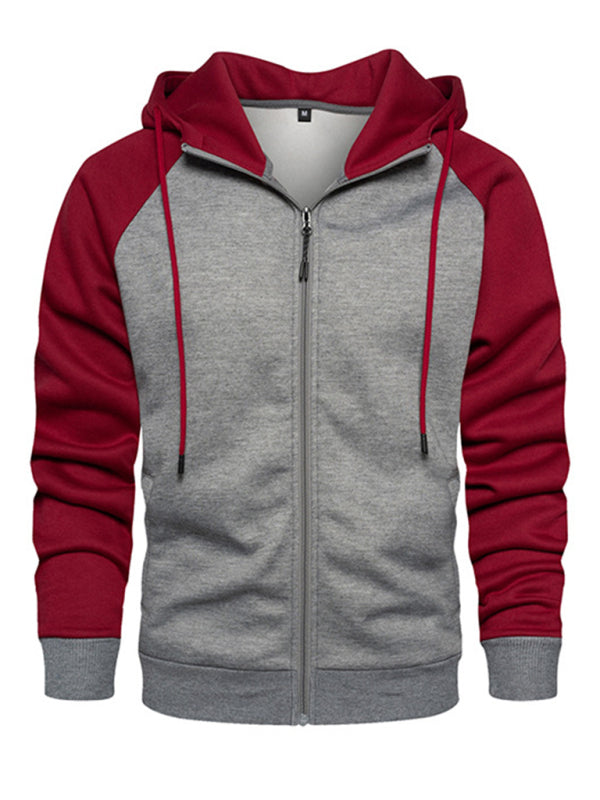 Men’s casual contrasting color zipper cardigan hooded sweatshirt