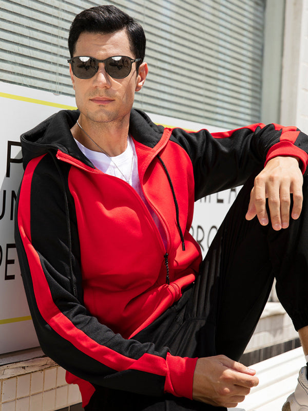 Men’s casual contrasting color zipper cardigan hooded sweatshirt - Black / S