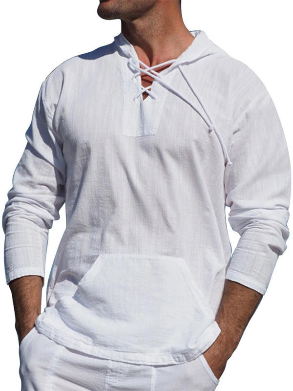 Men’s casual cotton and linen tie hooded long-sleeved shirt