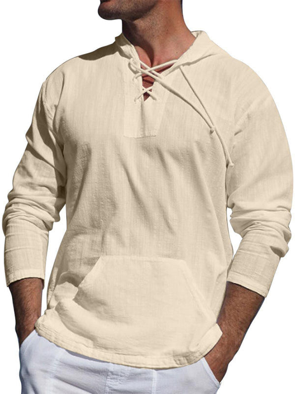 Men’s casual cotton and linen tie hooded long-sleeved shirt - Cracker khaki / S