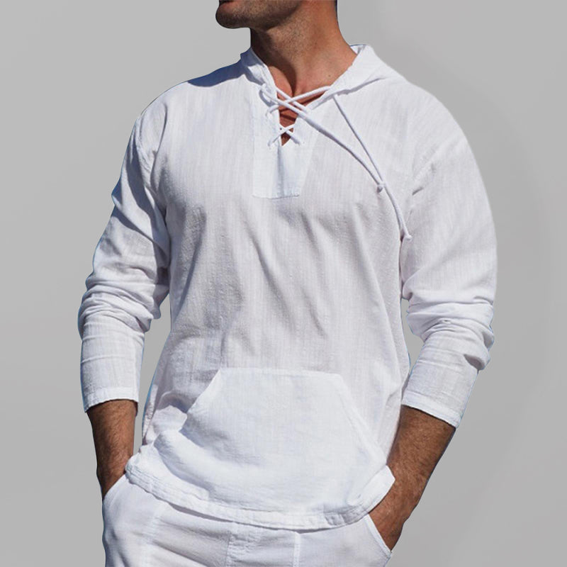 Men’s casual cotton and linen tie hooded long-sleeved shirt - White / S