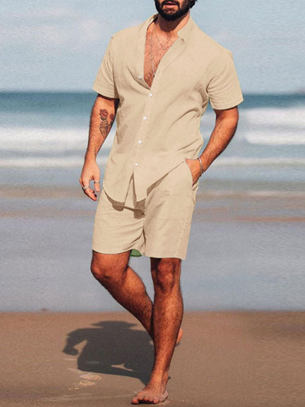Men’s casual home wear loose long-sleeved shorts two-piece set - Cracker khaki / S