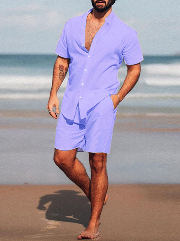 Men’s casual home wear loose long-sleeved shorts two-piece set - Purple / S