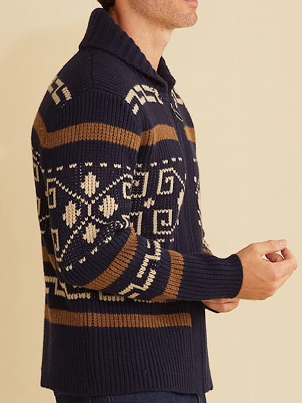 Men’s casual lapel jacquard knitted jacket