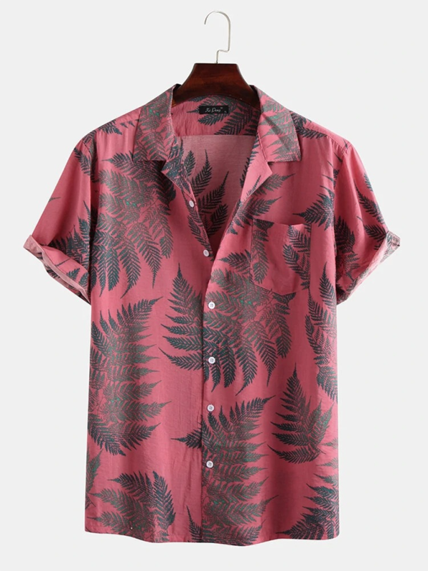 Men’s Casual Loose Beach Wear Maple Leaf Print Short Sleeve Shirt - Pink / S
