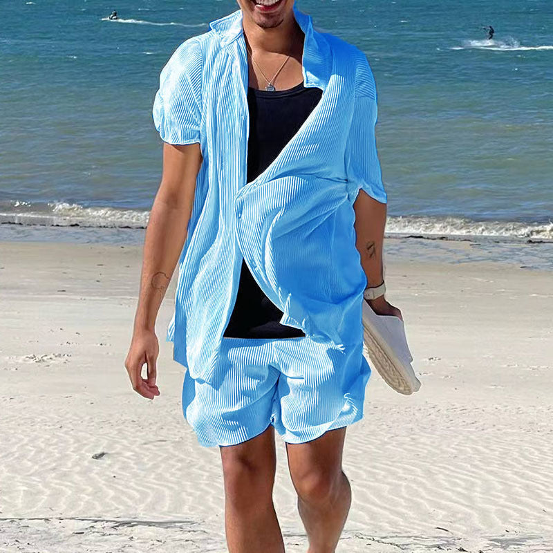 Men’s casual loose beachwear solid color striped short-sleeved suit - Sky blue azure / S