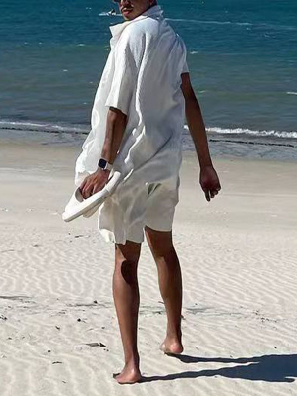 Men’s casual loose beachwear solid color striped short-sleeved suit