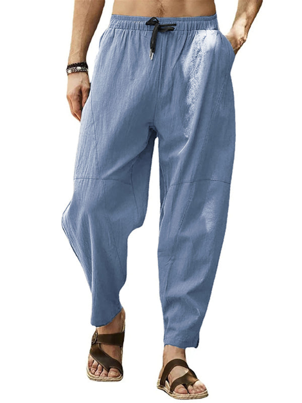 Men’s casual loose cotton and linen drawstring hip-hop lantern pencil pants - Grey / M